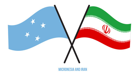 Micronesia and Iran Flags Crossed And Waving Flat Style. Official Proportion. Correct Colors.