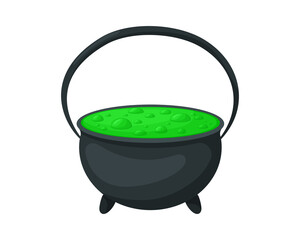 Cooking vat with green potion in cartoon style. Halloween decor. Vector illustration isolated on white background.
