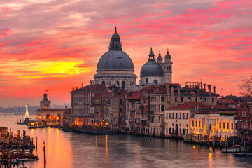 Grand Canal and Basilica Santa Maria della Salute at sunset in Venice, Italy