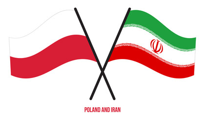 Poland and Iran Flags Crossed And Waving Flat Style. Official Proportion. Correct Colors.