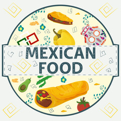Banner label round illustration in a flat design on the theme of Mexican food inscription name all the elements of the food pepper tortilla taco and burrito cactus sweet pepper in a circle