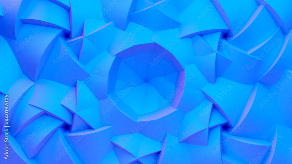 Poster Scientific or technology abstractions with grid surface and surreal symmetric structure or ornament. Abstract background with blue fluorescent and vibrant tech structure. 3D illustration.
