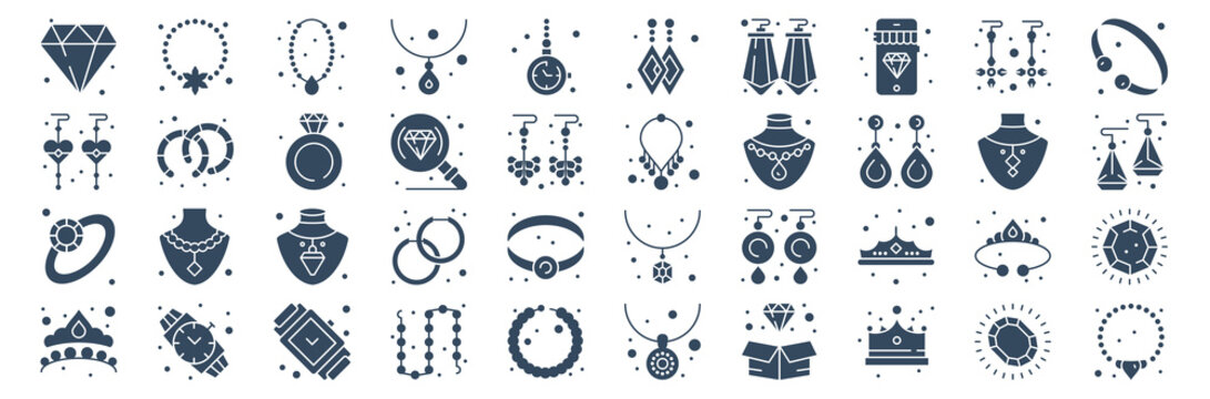set of 40 jewellery web icons in glyph style such as crown, diamond ring, earring, necklace, necklace, bracelet. vector illustration. © Color Guru