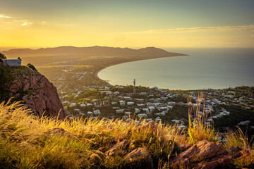 Panoramic aerial view of Townsville coastline at sunset, Queensland, Australia