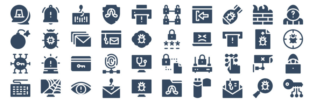 set of 40 cyber crimes web icons in glyph style such as keylogger, key, bomb, shield, password, cyber attack. vector illustration.