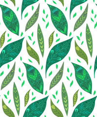Seamless pattern with petals and folk decoration. Texture with green leaves with tribal ornament and silhouette on white background. Simple vector wallpaper with falling leaves. Natural fabric
