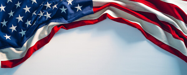 US flag on white paint texture. 4th of July USA Independence Day banner copy space