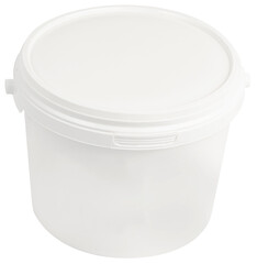 white plastic bucket of mayonnaise on white background