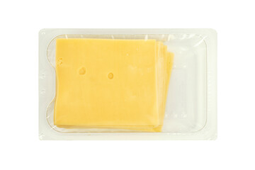 Isolated cheese slices in transparent packaging on white background with clipping path