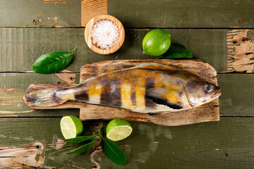  Raw fish sea bass or lingcod and seasonings for cooking it on an old plank background top view