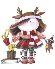 hand drawing christmas card with cute baby girl doll and teddy bear sled with gifts