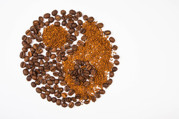 coffee beans and instant cocoa yin-yang close up