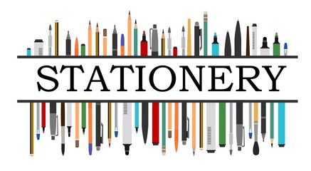 Stationery. Logo. Background for advertising a store, company. illustration. Isolated on a white background. Pencils, pens, felt-tip pens, brushes.Vector