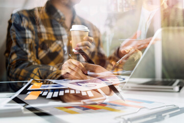 Businessman using tablet analyzing sales data and economic growth graph chart. Business strategy. Abstract icon. Digital marketing.