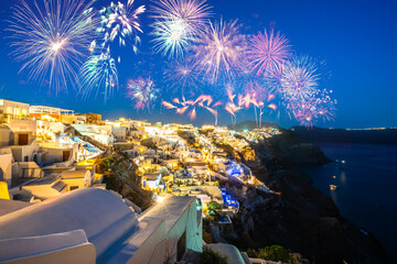 Fireworks at Oia on Santorini Island. Greece