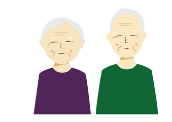 笑顔の高齢者夫婦、一部手描き風、上半身