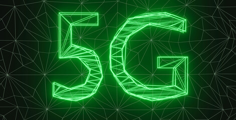 Green 5G font glow graphics New generation wireless network technology concept 3d rendering.