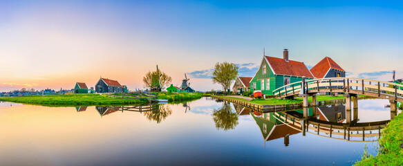 Zaanse Schans windmill village at sunset in Netherlands 