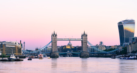 Fototapeta na wymiar Tower Bridge front view at sunrise in London. England 