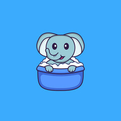 Cute elephant taking a bath in the bathtub. Animal cartoon concept isolated. Can used for t-shirt, greeting card, invitation card or mascot. Flat Cartoon Style