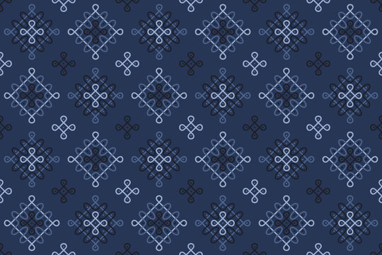 Knots and Curves in dark and light blue on indigo blue background - Indian Cultural Rangoli or Paisley vector line art in seamless pattern, for wear fabric, apparel textile, garment, phone case.