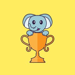 Cute elephant with gold trophy. Animal cartoon concept isolated. Can used for t-shirt, greeting card, invitation card or mascot. Flat Cartoon Style