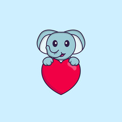 Cute elephant holding a big red heart. Animal cartoon concept isolated. Can used for t-shirt, greeting card, invitation card or mascot. Flat Cartoon Style