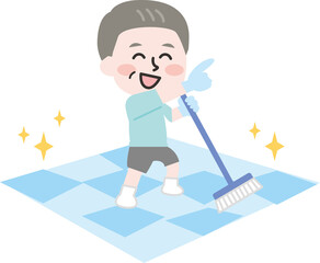 二頭身_指差し浴室シニア男性清掃員