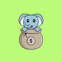 Cute elephant playing in money bag. Animal cartoon concept isolated. Can used for t-shirt, greeting card, invitation card or mascot. Flat Cartoon Style
