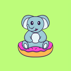 Cute elephant is sitting on donuts. Animal cartoon concept isolated. Can used for t-shirt, greeting card, invitation card or mascot. Flat Cartoon Style