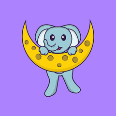 Cute elephant is on the moon. Animal cartoon concept isolated. Can used for t-shirt, greeting card, invitation card or mascot. Flat Cartoon Style