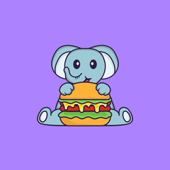 Cute elephant eating burger. Animal cartoon concept isolated. Can used for t-shirt, greeting card, invitation card or mascot. Flat Cartoon Style