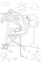 Jungle, Africa safari animal Flamingo coloring book edicational illustration for children. Vector white black cartoon outline illustration