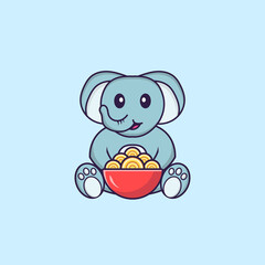 Cute elephant eating ramen noodles. Animal cartoon concept isolated. Can used for t-shirt, greeting card, invitation card or mascot. Flat Cartoon Style