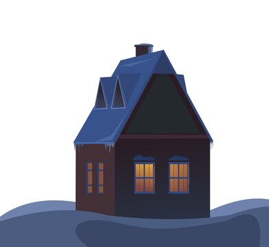 recommend clip art: Rural small house in winter. Landscape. Light in the window. Christmas night. Quiet winter evening. Isolated. Gable roof is covered with snow. Nice village. Flat cartoon style. Vector art