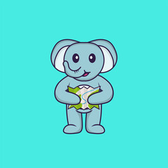 Cute elephant holding a map. Animal cartoon concept isolated. Can used for t-shirt, greeting card, invitation card or mascot. Flat Cartoon Style