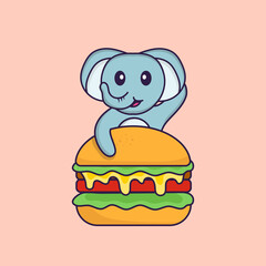 Cute elephant eating burger. Animal cartoon concept isolated. Can used for t-shirt, greeting card, invitation card or mascot. Flat Cartoon Style