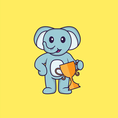 Cute elephant holding gold trophy. Animal cartoon concept isolated. Can used for t-shirt, greeting card, invitation card or mascot. Flat Cartoon Style