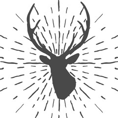 Vector silhouette of deer's head with antlers, sunbursts isolated on white background