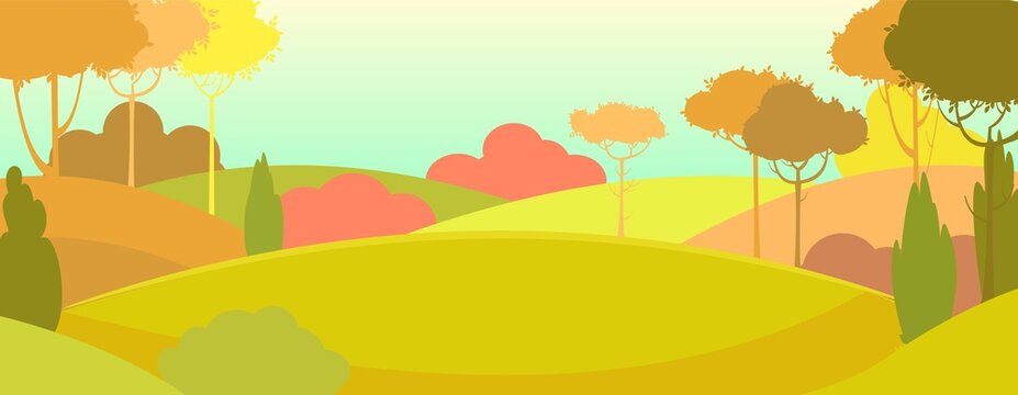 Silhouette autumn landscape. Beautiful scenic plant. Cartoon style. Hills with grass and trees. Cool romantic pretty. Flat design background illustration. Vector art