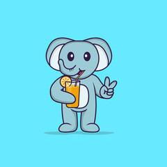 Cute elephant holding orange juice in glass. Animal cartoon concept isolated. Can used for t-shirt, greeting card, invitation card or mascot. Flat Cartoon Style