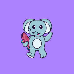 Cute elephant holding a skateboard. Animal cartoon concept isolated. Can used for t-shirt, greeting card, invitation card or mascot. Flat Cartoon Style