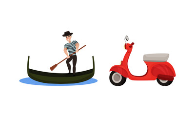 Naklejka premium Italy Country Symbols with Gondolier with Paddle on Boat and Scooter Vector Set
