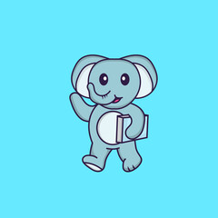 Cute elephant holding a book. Animal cartoon concept isolated. Can used for t-shirt, greeting card, invitation card or mascot. Flat Cartoon Style