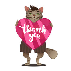 Cartoon cat with heart and quote thank you, isolated on white, vector illustration