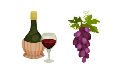 Italy Country Symbols with Grape Cluster and Bottle of Red Wine Vector Set