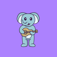 Cute elephant playing guitar. Animal cartoon concept isolated. Can used for t-shirt, greeting card, invitation card or mascot. Flat Cartoon Style