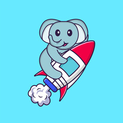 Cute elephant flying on rocket. Animal cartoon concept isolated. Can used for t-shirt, greeting card, invitation card or mascot. Flat Cartoon Style