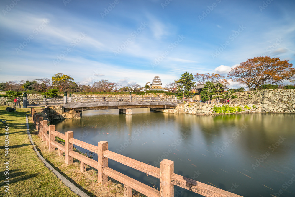 Poster entrance to himeji castle park in himeji, japan