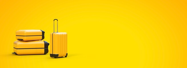 Plusieurs valises pour partir en vacances - Fond jaune - Rendu 3D - obrazy, fototapety, plakaty